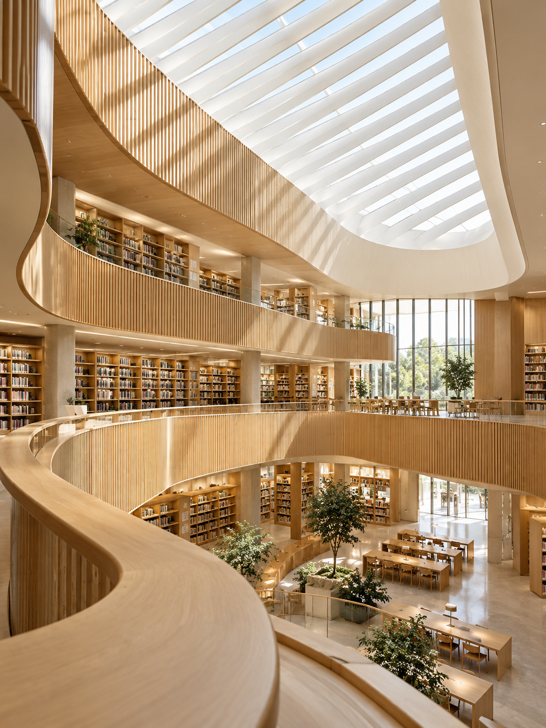 AI-generated sunlit library atrium with curved wooden balconies and a white skylight